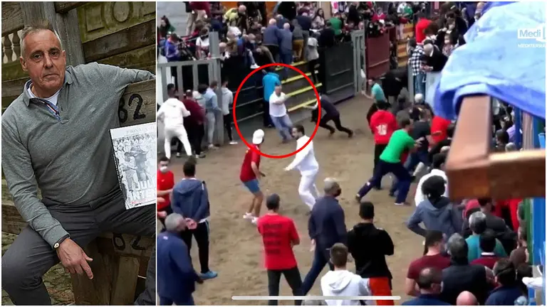 Jokiz Zuasti en una imagen de archivo y, a la derecha, en el momento de ser embestido en Onda.