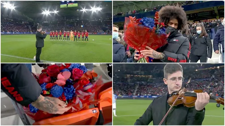 Un violinista ha interpretado una pieza en el centro del campo mientras el estadio de Osasuna guardaba silencio. El jugador Aridane ha depositado un ramo de flores en el asiento del socio Pepe Alonso Ruz, fallecido en el estadio de El Sadar. FOTOS: Movistar Plus.