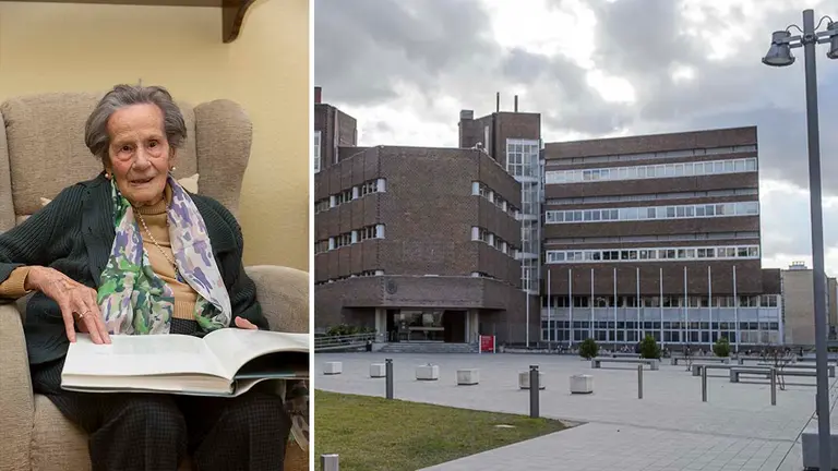 A la izquierda, Ángela Mouriz, primera profesora de la Facultad de Medicina de la Universidad de Navarra; a la derecha, el edificio de la facultad. ARCHIVO