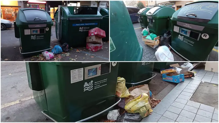 Bolsas de basura acumuladas en las inmediaciones de los nuevos contenedores implantados en el Ensanche de Pamplona que funcionan con tarjeta electrónica. MANCOMUNIDAD COMARCA DE PAMPLONA