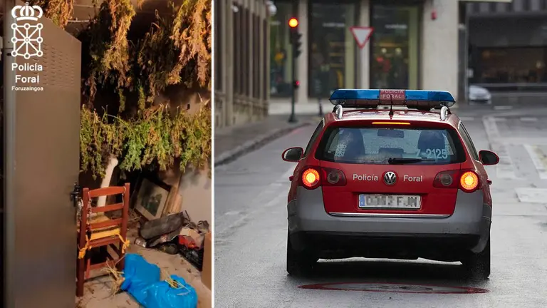 Montaje de una patrulla de la Polic&iacute;a Foral y el secadero de marihuana localizado en un trastero de Ripagaina. POLIC&Iacute;A FORAL