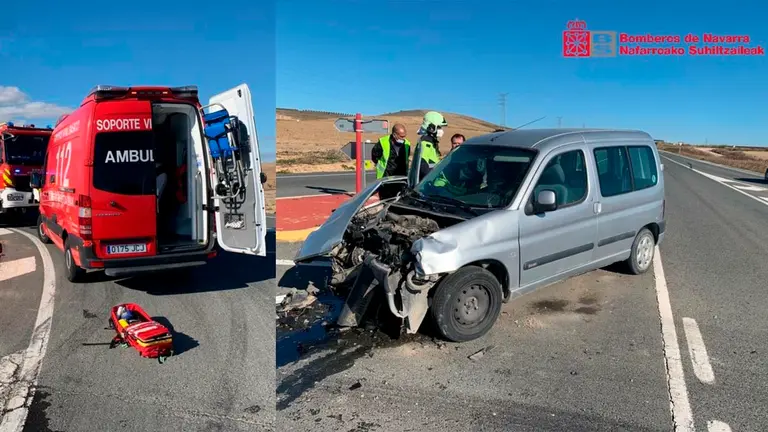 Montaje con dos imágenes del accidente en la NA-115, en Falces BOMBEROS DE NAVARRA