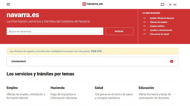 Portada de la web del Gobierno de Navarra para realizar trámites. NAVARRACOM
