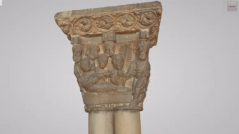 Uno de los capiteles escaneados en 3D, donde se representa la resurrección de Lázaro. UPNA