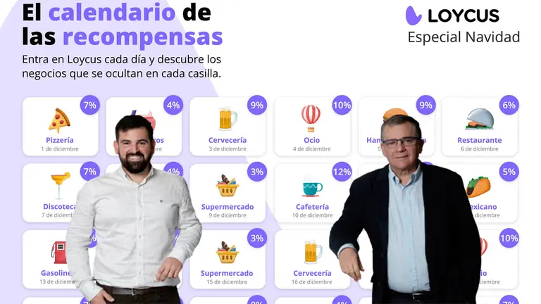 Jorge Zubieta y Gonzalo Zubieta, fundadores de Loycus, posan junto con el calendario de las ofertas. CEDIDA