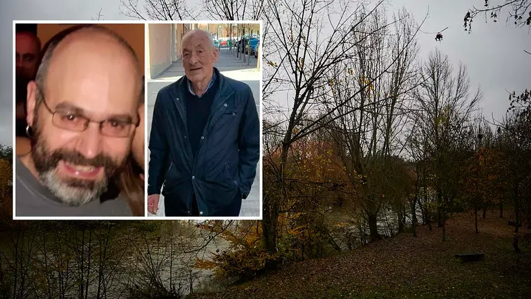 Al fondo, dispositivo de búsqueda de Bomberos; en la parte superior izquierda, las dos personas desaparecidas en Navarra: Francisco Javier Torralba Fernández, de 42 años y vecino de Estella, y Luis Martínez Redardo, de 74 años y vecino de la Rochapea. PABLO LASAOSA/ARCHIVO