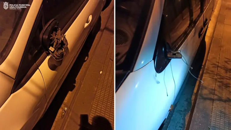 Los retrovisores de dos vehículos destrozados en el barrio de la Chantrea POLICÍA MUNICIPAL DE PAMPLONA