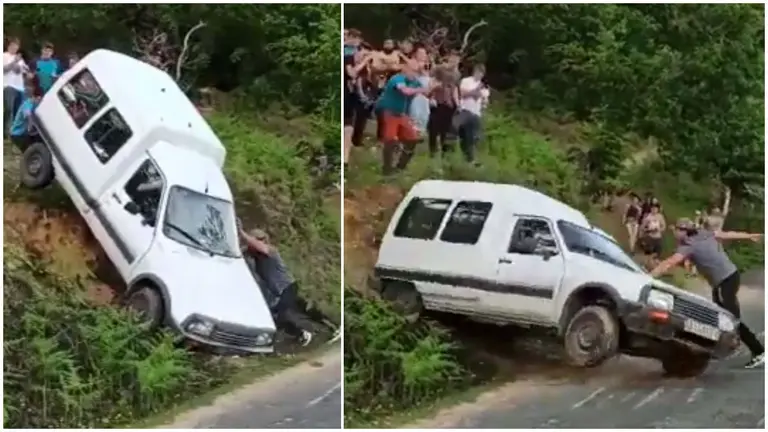 La maniobra viral para no volcar una C-15 con matrícula navarra.