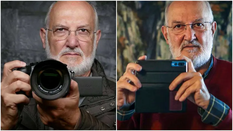 Los tiempos cambian para Pío Guerendiáin. A la izquierda, autorretrato con su Lumix; a la derecha, con su smartphone Huawei con el que ha realizado su último trabajo. JORGE NAGORE