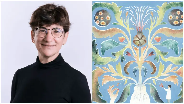 La investigadora navarra, Edurne Baroja, junto a la ilustración de la también navarra Miren Asiain, que protagonizara una campaña publicitaria en las marquesinas de Pamplona.