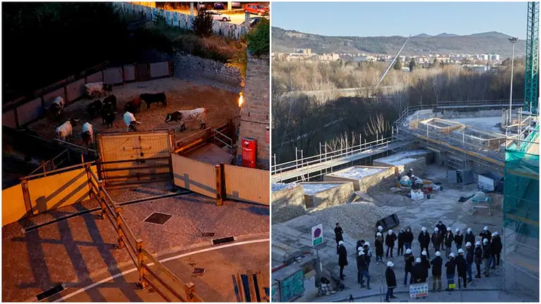 A la izquierda, los toros en los corralillos de Santo Domingo. A la derecha, la situación actual con las obras. ALZUGARAY