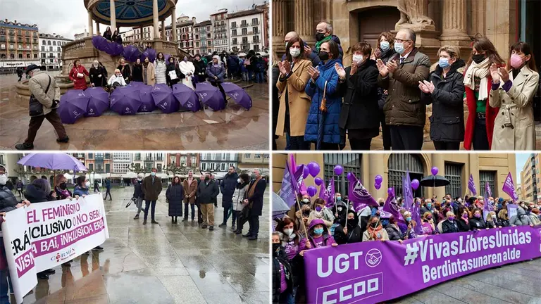 Montaje con diversas concentraciones en Pamplona con motivo del 8-M, tanto por parte de instituciones como Ayuntamiento y Parlamento como por asociaciones como CERMIN y sindicatos. NAVARRA.COM (EFE Y EUROPA PRESS)
