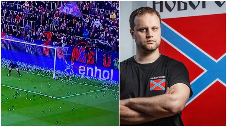 La bandera prorrusa de Indar Gorri que da cobijo a un neonazi.