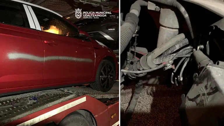 Daños ocasionados en varios vehículos transportados en dos camiones en el polígono de Agustinos. POLICÍA MUNICIPAL DE PAMPLONA