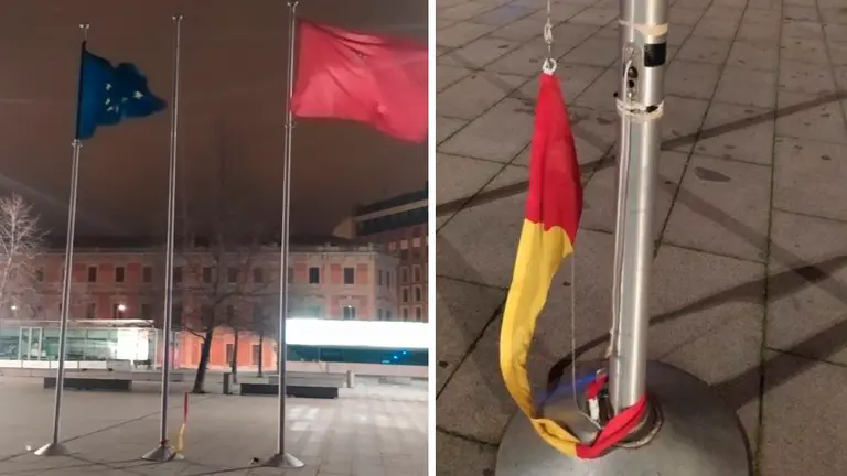 Montaje con im&aacute;genes del intento de robo de la bandera de Espa&ntilde;a en la plaza de la Constituci&oacute;n en Pamplona POLICIA MUNICIPAL DE PAMPLONA