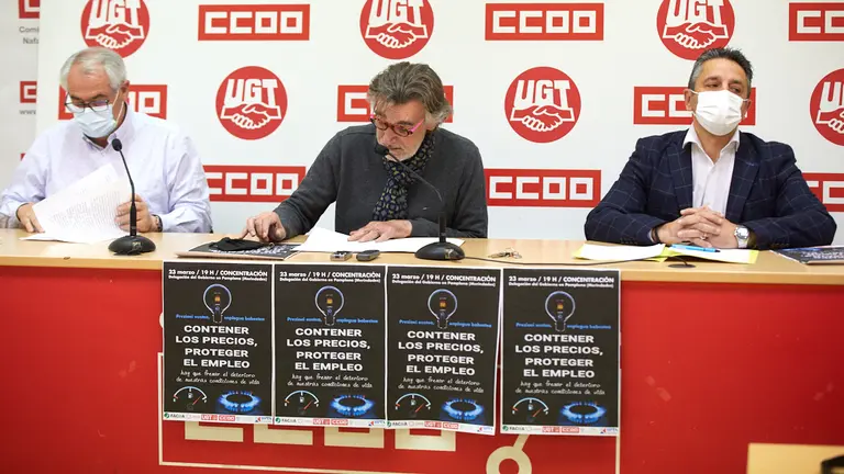 Presentación de la movilización convocada por CCOO, UGT, FACUA, CEAV, UATAE y UPTA bajo el lema 'Contener precios, proteger el empleo'. IÑIGO ALZUGARAY