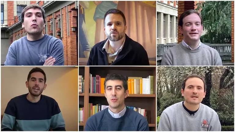 Manuel Torralba Lizasoáin, Ion Díaz Elduayen, Juan Terrés Goena, Andoni Gastaminza Gorriti, Pedro Luis Calvo y Miguel Arrieta Eguren, seminaristas en Pamplona. CEDIDAS