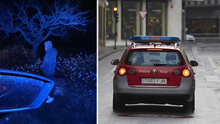 Montaje de una patrulla de la Polic&iacute;a Foral y el hombre denunciado dos madrugadas seguidas por conducir drogado