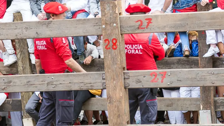 La Policía Foral vigila el vallado antes de un encierro de San Fermín. ARCHIVO