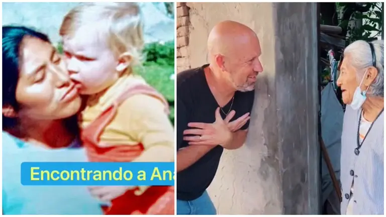 Un momento del encuentro. A la derecha, la imagen de la mujer y el niño hace años.