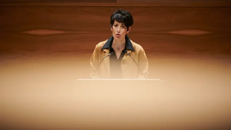 Elma Saiz, consejera de Hacienda, interviene durante la sesión plenaria del Parlamento. PABLO LASAOSA