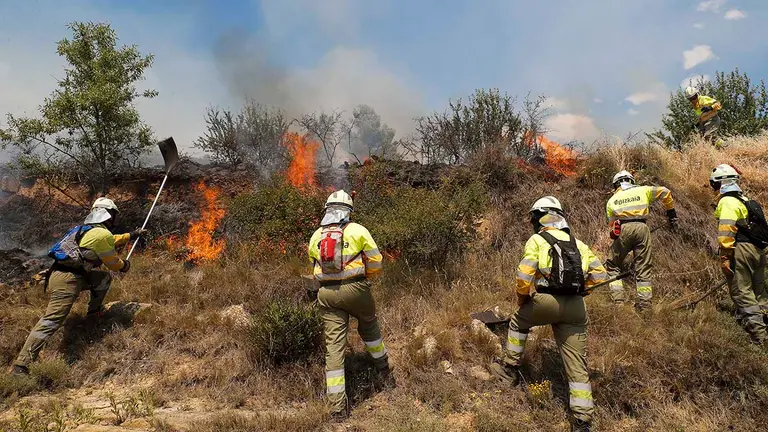 Bomberos de Bizkaia participan en los trabajos para extinguir el fuego en las cercanías de la localidad de Ujué (Navarra). La localidad de Ujué se ha sumado a última hora de esta mañana a los municipios desalojados por riesgo ante la cercanía de las llamas y el humo, en ese caso por el avance del incendio que desde ayer asola la vecina San Martín de Unx, que continúa desalojada desde esta madrugada.- EFE / Villar López