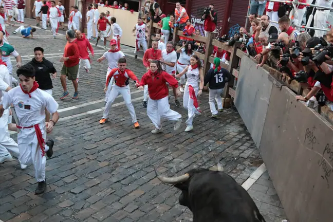 Segundo encierro de San Fermín con toros de la ganadería de Fuente Ymbro a la altura de la contracurva de Mercaderes. MANUEL CORERA