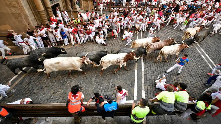 Tercer encierro de San Fermín 2022 con toros de José Escolar en la Cuesta de Santo Domingo y la plaza del Ayuntamiento. PABLO LASAOSA