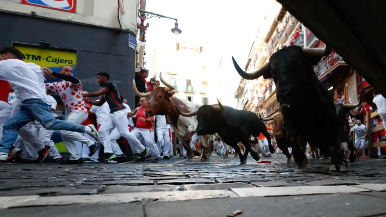 Cuarto encierro de San Fermín 2022 con toros de La Palmosilla en Pamplona. REUTERS