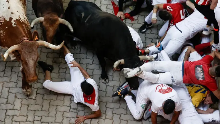 Los toros de la ganadería gaditana de Cebada Gago durante el quinto encierro de los Sanfermines. EFE Jesús Diges (1)