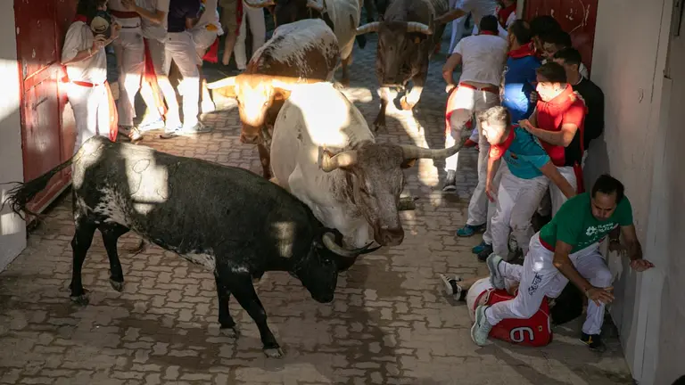 Quinto encierro de San Fermín con toros de Cebada Gago en el callejón. MAITE H.MATEO-26