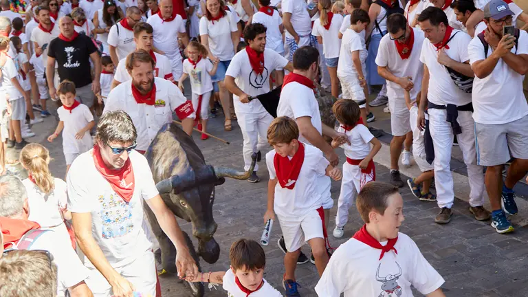 Encierro Txiki en la Cuesta de Santo Domingo de Pamplona durante las fiestas de San Fermín 2022. IÑIGO ALZUGARAY