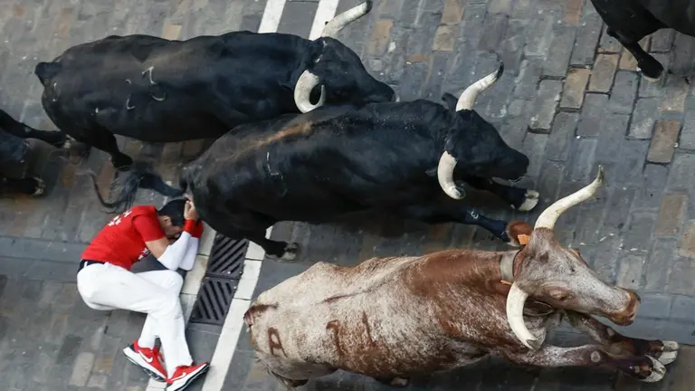 Séptimo encierro de los Sanfermines ante los toros de la ganadería de Victoriano del Río Cortés. EFE Jesus Diges