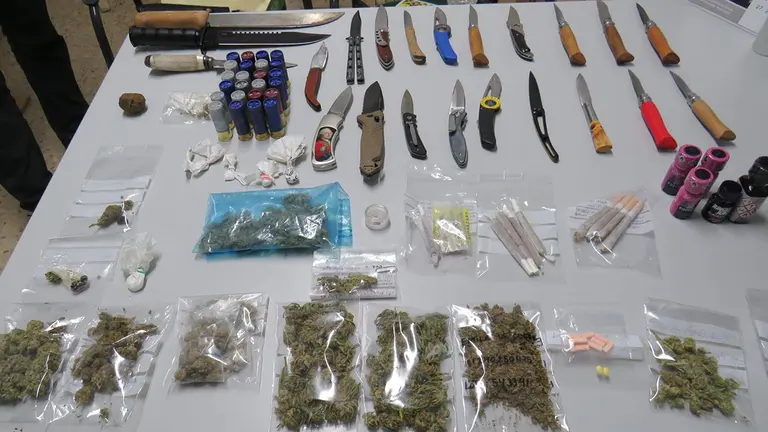 En los controles realizados por la Guardia Civil estos días de San Fermín se han requisado navajas, droga y hasta un machete. GUARDIA CIVIL