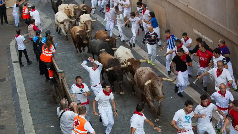Los toros de Miura cruzan la Plaza Consistorial en el último encierro de San Fermín 2022. ALEJANDRO VELASCO