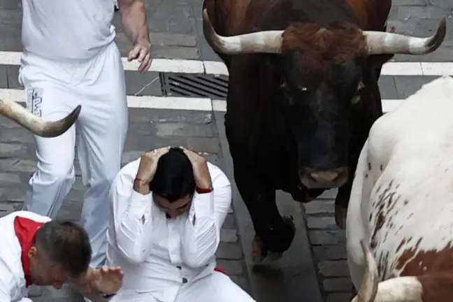 Último encierro de San Fermín 2022 con toros de la ganadería de Miura en la calle Estafeta. EFE Jesús Diges 04