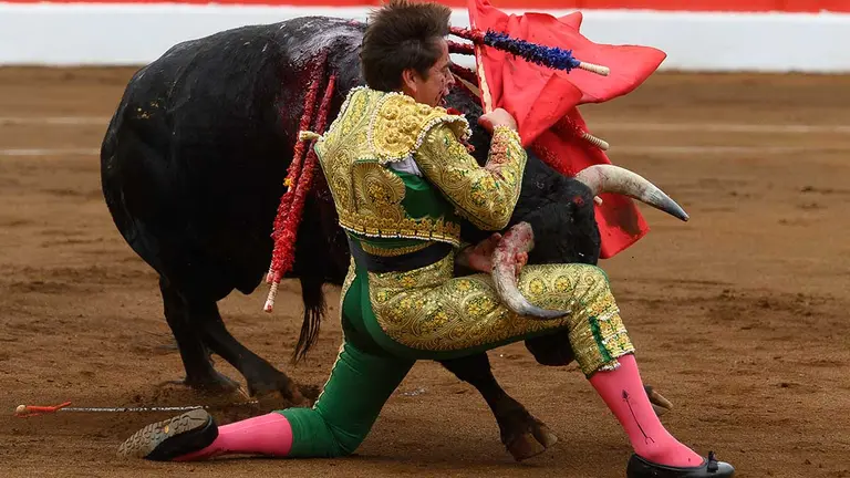 SANTANDER, 27/07/2022.- El diestro Dávila Miura sufre una cogida en la faena al primero de los de su lote, durante la corrida de la Feria de Santiago celebrada esta tarde en la plaza de toros de Santander. EFE/Pedro Puente

