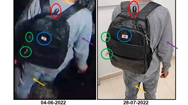 La imagen de la izquierda corresponde a las cámaras de seguridad durante la noche de los hechos denunciados. A la derecha, el detenido con las mismas prendas en las dependencias de la Policía Municipal de Pamplona.