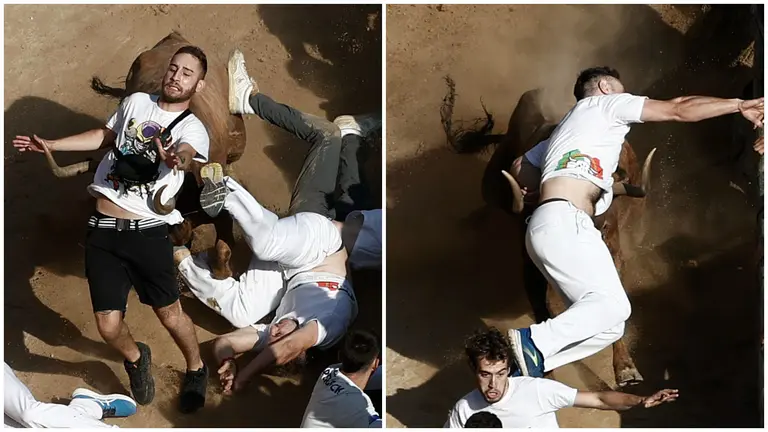 Primer encierro de El Pilón tras la pandemia donde la vacas bravas de Alba Reta han ocasionado momentos de peligro con los mozos que han corrido el encierro de este domingo. El encierro, reconocido como Fiesta de Interés Turístico de Navarra, es una carrera de 800 metros que tiene como singularidad que discurre cuesta abajo con la montaña por un lado y el barranco por otro. EFE/Jesús Diges