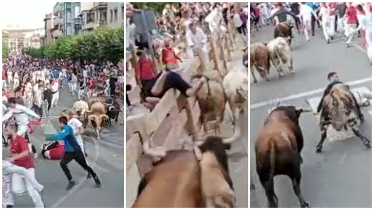 Tres momentos de tensión vividos en la curva de la Estación en el tercer encierro de las fiestas de Tafalla.