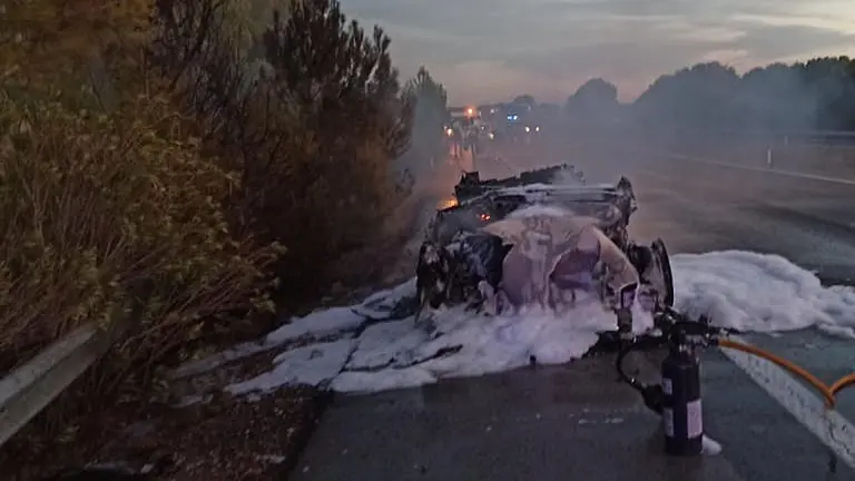 Imagen del coche calcinado en la AP-15. BOMBEROS DE NAVARRA