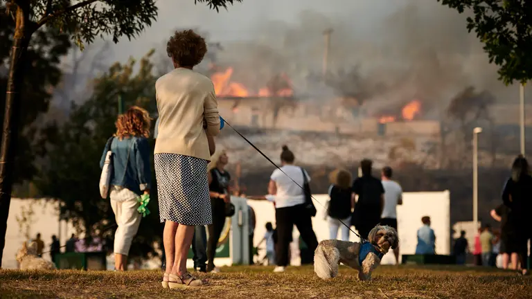 Medios aéreos tratan de apagar un incendio forestal en el monte San Cristobal. PABLO LASAOSA