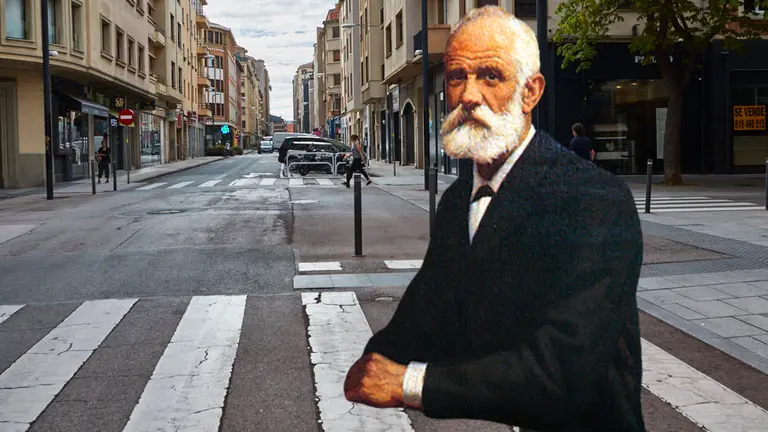 Calle de Paulino Caballero en Pamplona con un foto de Paulino Caballero. IÑIGO ALZUGARAY