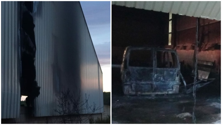 Exterior de la nave e interior con la furgoneta calcinada en Lodosa. BOMBEROS DE NAVARRA