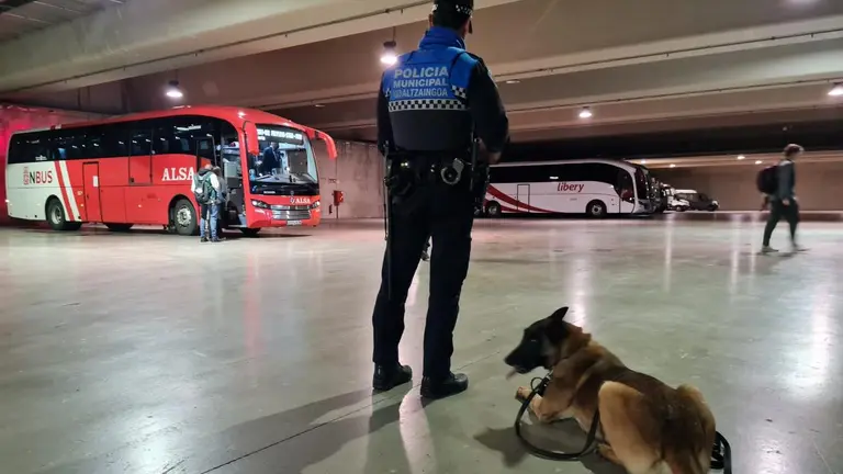 Un perro de la unidad canina de la Policía Municipal de Pamplona vigila la estación de autobuses. ARCHIVO