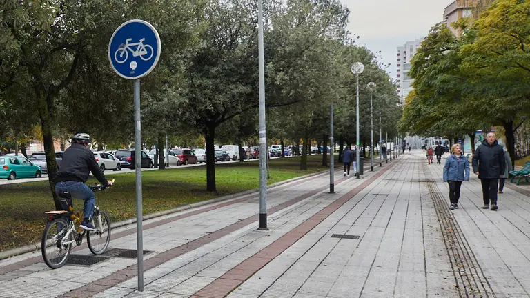 Un ciclista circula por el carril bici "pintado" en la acera en la Avenida de Barañáin en Pamplona. IÑIGO ALZUGARAY