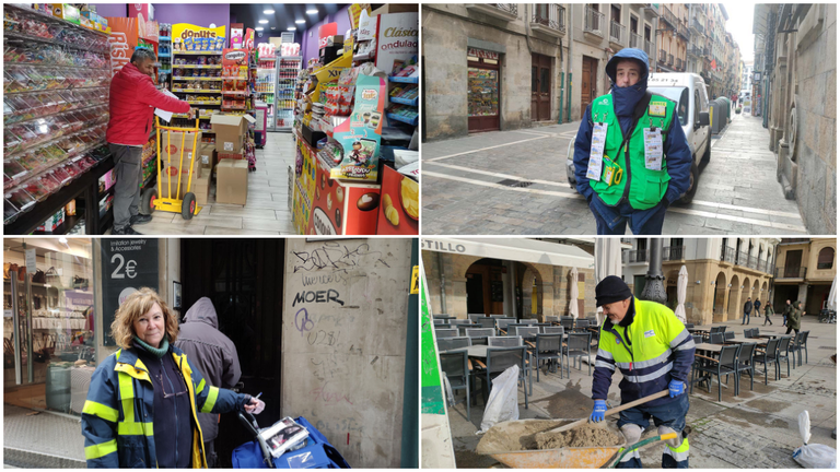 Cuatro trabajadores durante una mañana de frío en Pamplona. L.V.R.