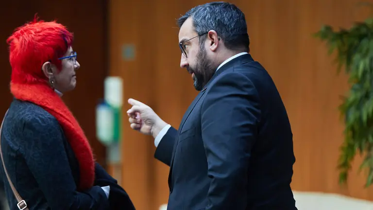 La consejera de Salud del Gobierno de Navarra, Santos Induráin, y el vicepresidente primero y consejero de Presidencia, Igualdad, Función Pública e Interior, Javier Remírez, dialogan en el atrio del Parlamento de Navarra. IÑIGO ALZUGARAY