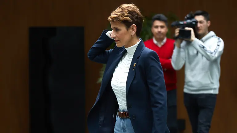 La presidenta del Gobierno de Navarra, María Chivite, anuncia el traspaso de las competencias de tráfico para la Comunidad Foral a partir del 1 de julio. IÑIGO ALZUGARAY