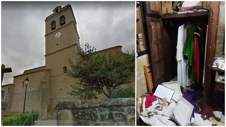 Imagen de la iglesia de Murillo El Fruto y aspecto de una de las salas afectadas por los robos.
